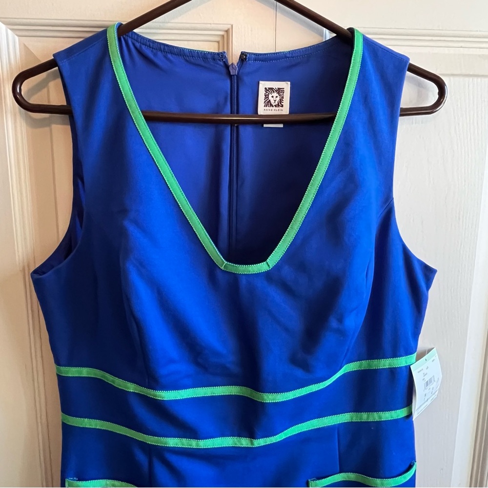 Anne Klein Azure Blue Sheath Dress with Green Trim – Size 8 (NWT) - Picture 3 of 10